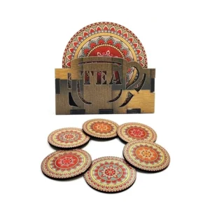 Woodkey Mandala Wooden Coaster Set with Stand – Decorative Tea Cup & Coffee Mug Holder for Home, Office & Gifting | 3.5x3.5 Inch | Handcrafted in India