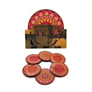 Woodkey Mandala Wooden Coaster Set – Vibrant Round Tea & Coffee Mug Holder with Stand | 3.5x3.5 Inch | Indian Art Design | Gift & Home Us