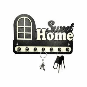 Woodkey Sweet Home Wooden Key Holder for Wall | Decorative Key Stand with 7 Hooks | Wall Mounted Key Organizer Rack