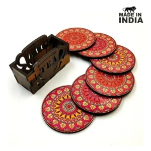 Alternative view of Woodkey Mandala Wooden Coaster Set – Vibrant Round Tea & Coffee Mug Holder with Stand | 3.5x3.5 Inch | Indian Art Design | Gift & Home Us