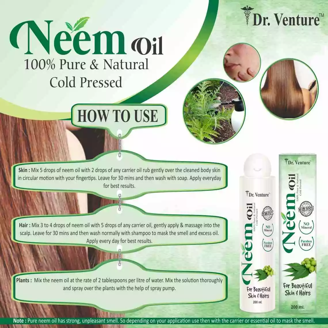 Dr. Venture Neem Oil 200 ml 100% Pure & Natural Cold Pressed Neem Oil For Beautiful Skin And Hairs And Also Used For Spray On Plants & Garden 200 ml of hair oil - Image 3
