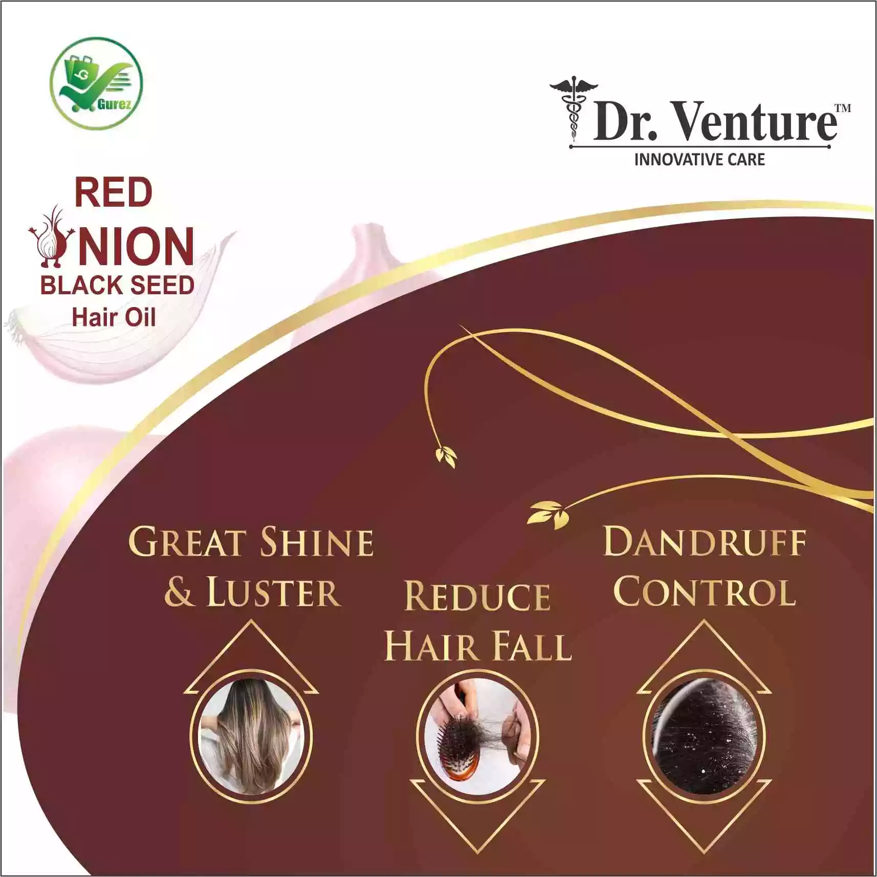 Dr. Venture Combo Pack Red Onion Shampoo With Red Onion Black Seed Extract 300 ml + Onion Hair Oil For Control Dandruff And reduce Hair Fall - No Mineral Oil, Silicones & Synthetic Fragrance - 200 ml - Image 3