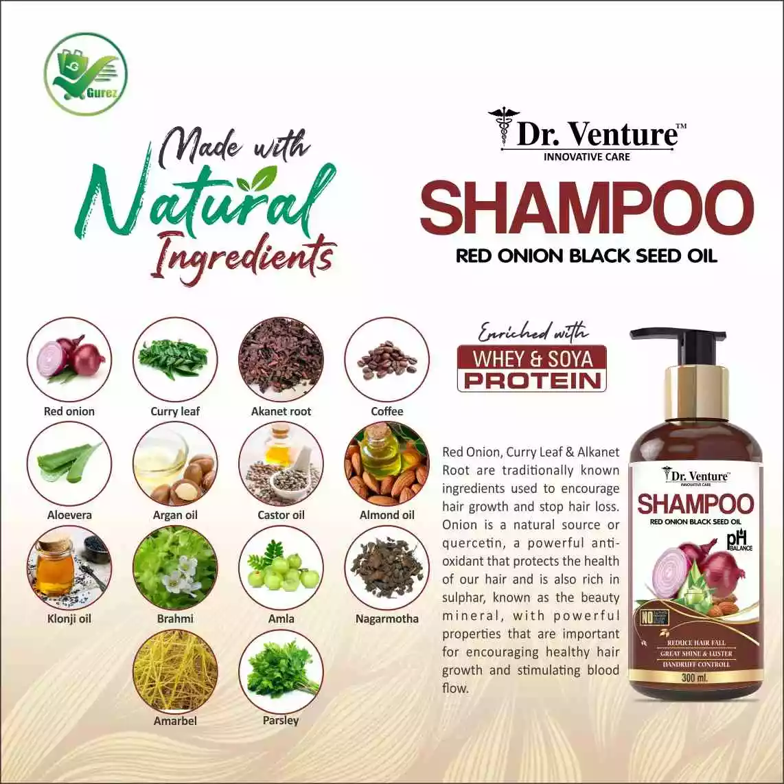 Dr. Venture Red Onion Shampoo With Red Onion Black Seed Oil Extract For Hair Growth And Hair Strengthening With Hairfall And Dandruff Control Shampoo No Paraben No Silicone No Sulphate No Colour 300 ml pack of 2 - Image 2