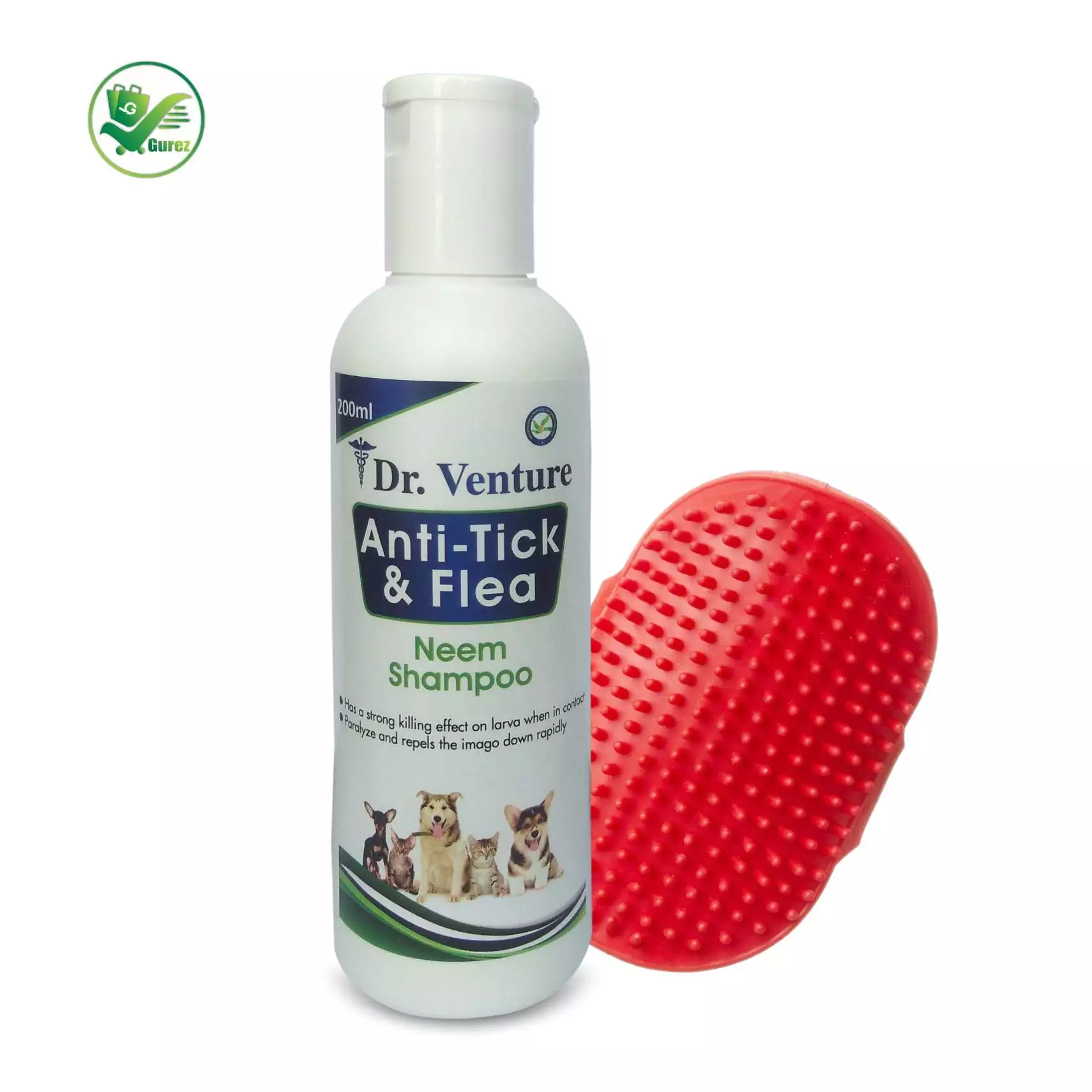 Dr Venture Anti-Tick and Flea Dog Shampoo for Allergy Relief, Anti-itching 200 ml + Bathing and Grooming Hand Dog Brush Pet Shampoo