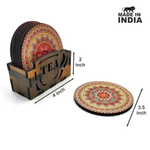 Alternative view of Woodkey Mandala Wooden Coaster Set with Stand – Decorative Tea Cup & Coffee Mug Holder for Home, Office & Gifting | 3.5x3.5 Inch | Handcrafted in India