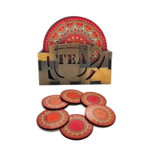 Woodkey Mandala Wooden Coaster Set with Stand Decorative Tea Cup & Coffee Mug Holder for Home, Office, Gift Use
